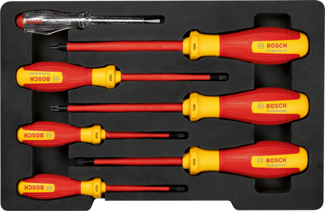 Set obeng Bosch VDE TX 7 buah untuk pekerjaan listrik.